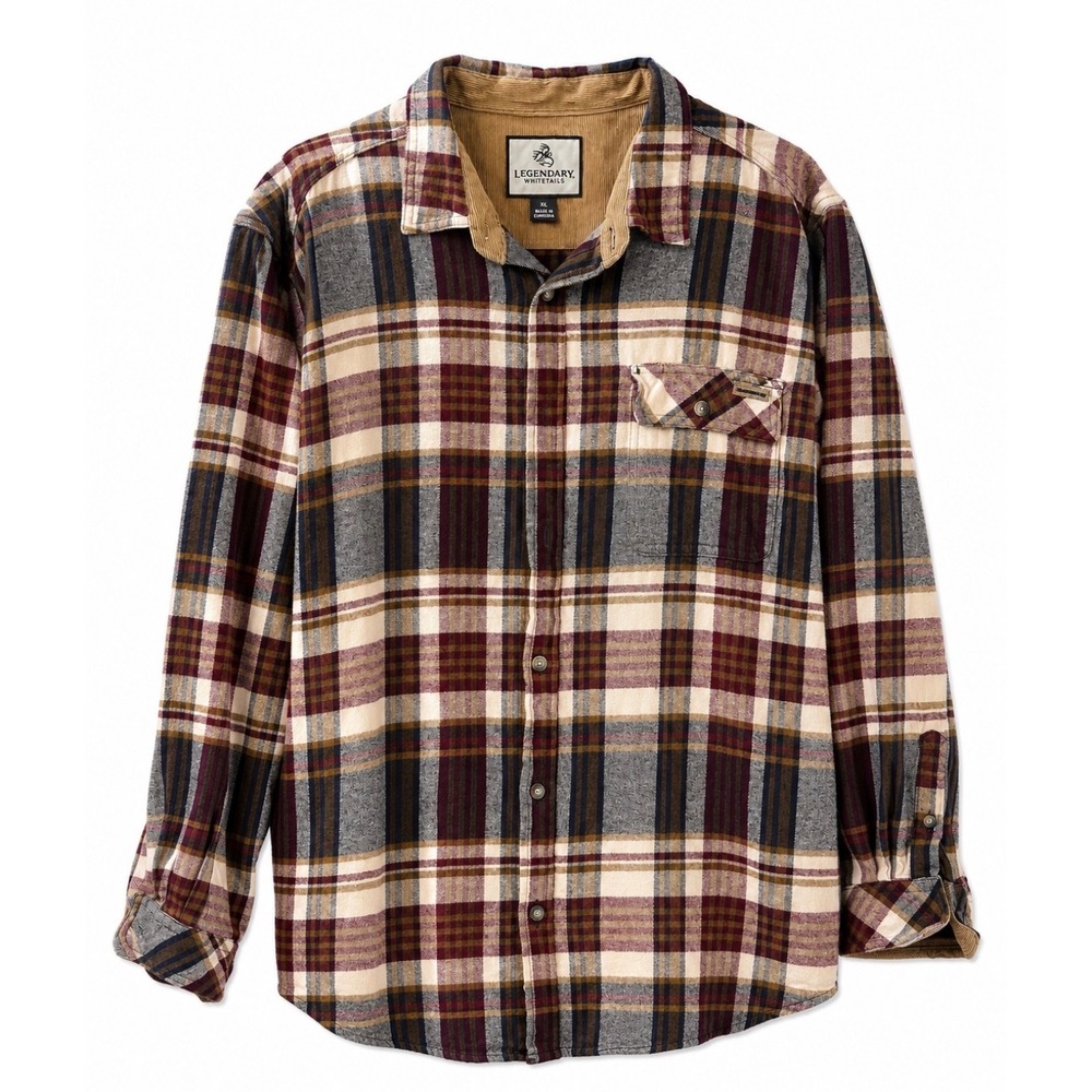 Legendary Whitetails XL Plaid Flannel Shirt Men's 100% Cotton Corduroy Collar